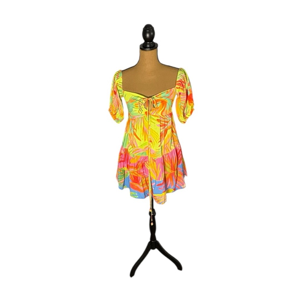 Farm Rio Tropical Print Puff Sleave Mini Dress XS Resort Vacation Sundress